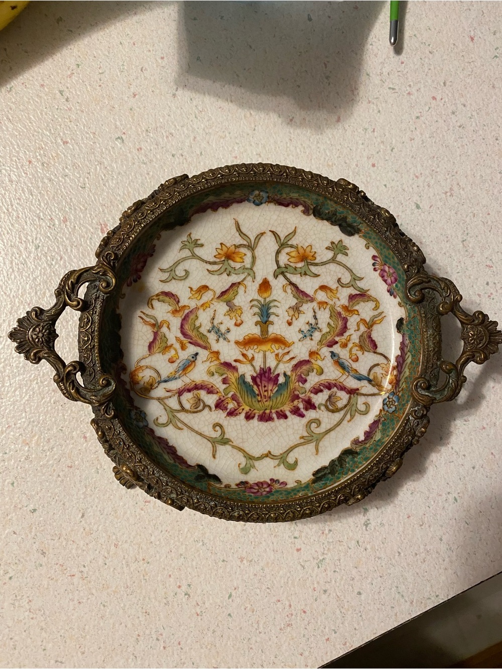 Vtg Chinese Hua Rong Tang Zhi Bronze Mounted Hand Painted Porcelain Trinket Dish